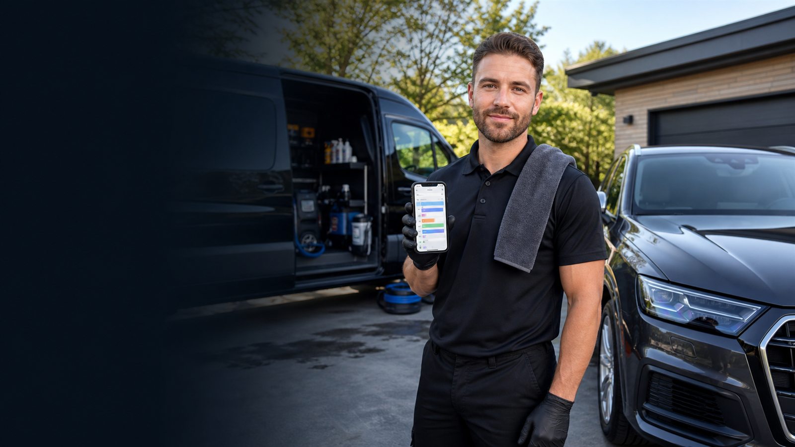 Mobile detailer beside a detail van using a phone scheduling dashboard